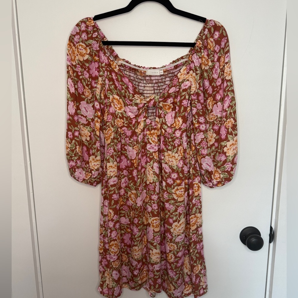 Lush Burgundy Floral Puff Sleeve Mini Dress Boho Cottagecore Caramel Pink Fall S